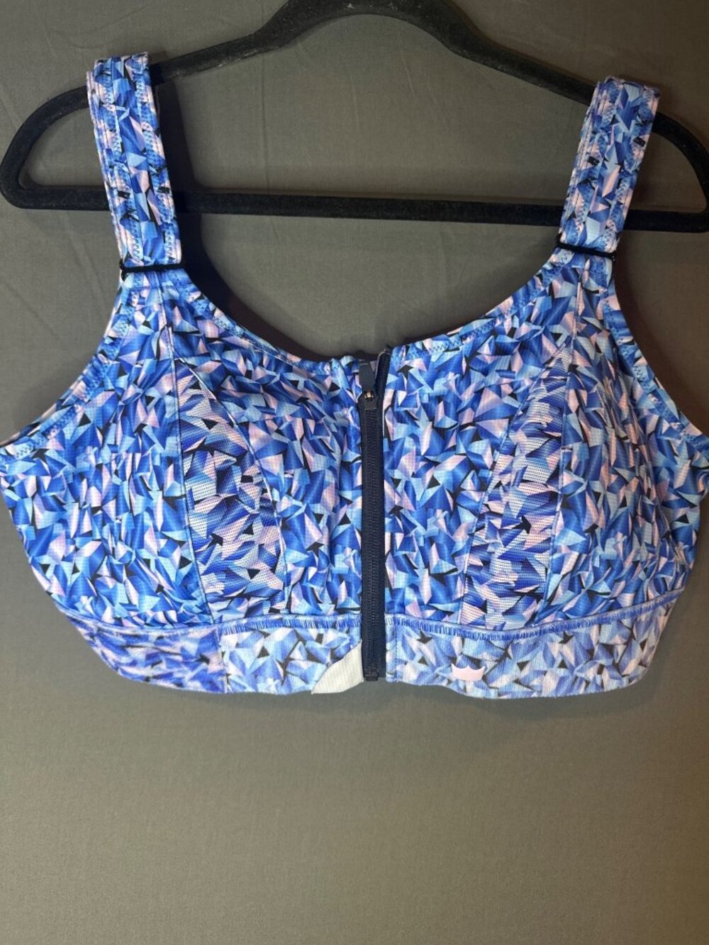 SHEFIT Ultimate Sports Bra 2Luxe Blue Geometric High Impact Front Zip Adjustable